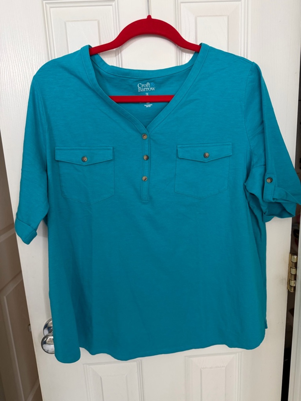 croft & barrow Teal V-Neck Henley Tunic with Button-Front Pockets